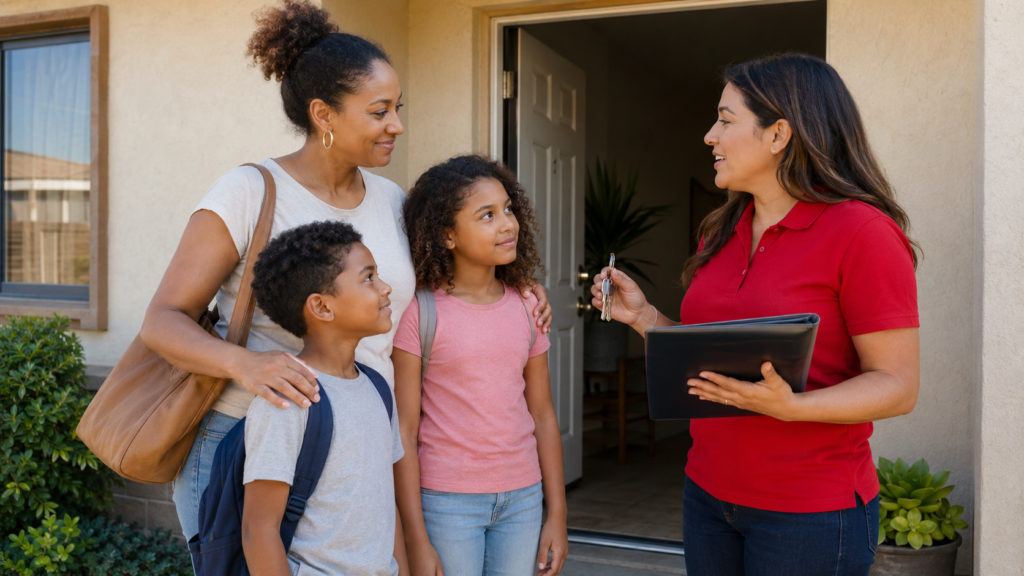 A CTC housing navigator welcoming a family to stable housing
